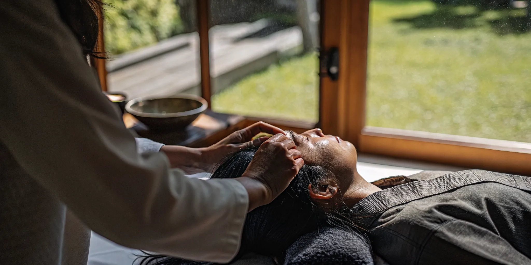 Scalp wellness specialist examining a client in a serene head spa studio with calming natural light