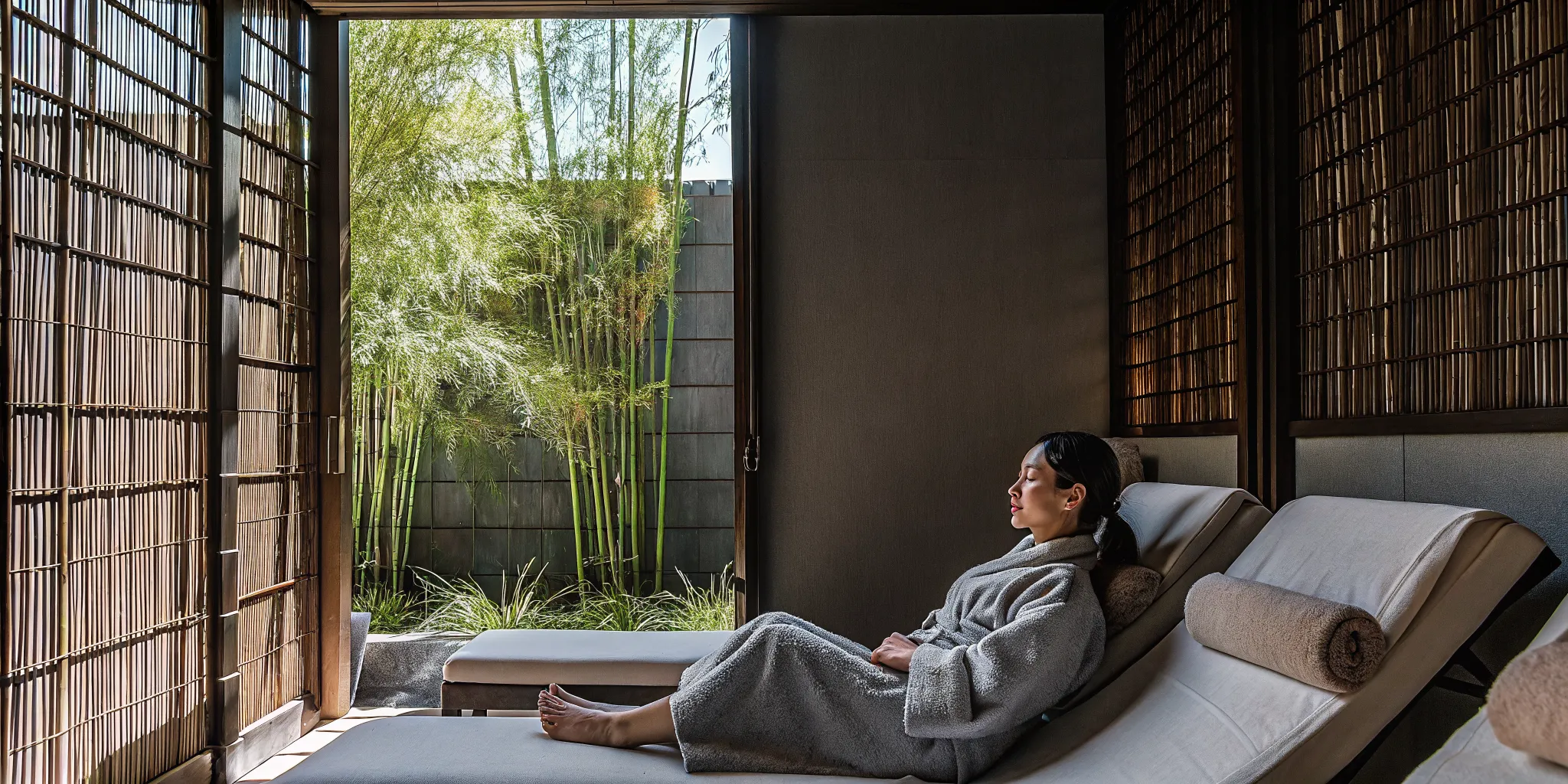 Client relaxing in a peaceful Japanese-inspired head spa treatment room with soft natural light