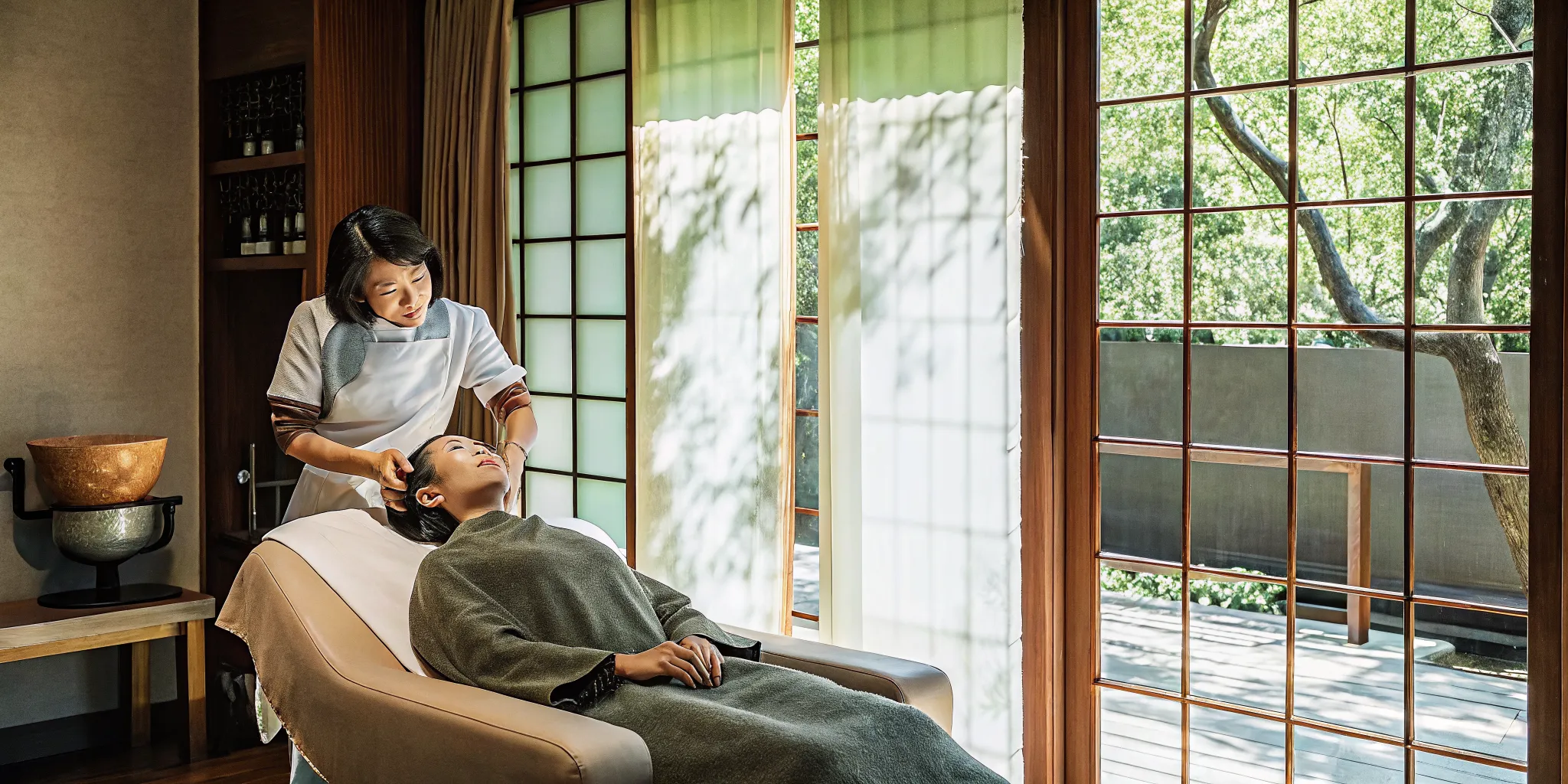 Client receiving Japanese head spa treatment at Sage HeadSpa with warm wood accents and soft lighting