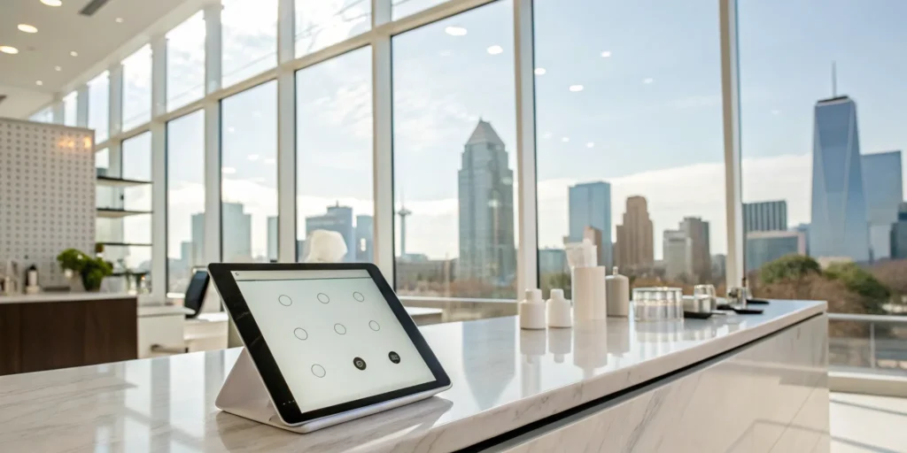 Booking a waterfall hair wash appointment on a tablet in a Charlotte salon.